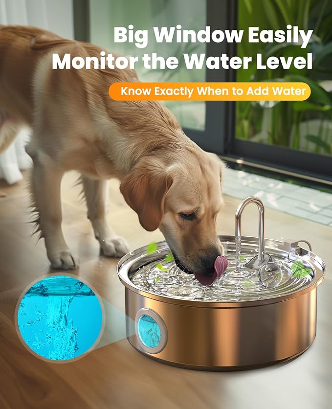 Oneisall Pet Water Fountain with 5 Set Filters, 7L/230oz Quiet Dog Water Dispenser, Stainless Steel Dog Fountain with Visual Water Level&4-Layer Filtration for Large Dogs