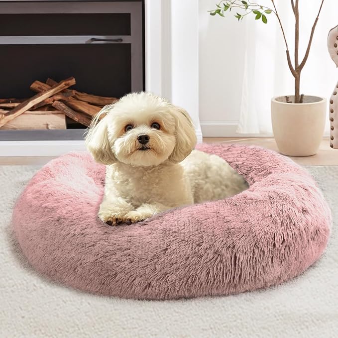JOLLYVOGUE Calming Small Dog & Cat Bed for Indoor Cats - 20 inches Washable Donut Bed for Kittens & Puppies, Anti-Anxiety Round Fluffy Plush Pet Beds (Fits up to 15 lbs, Dark Pink)