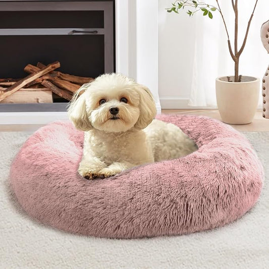 JOLLYVOGUE Calming Small Dog & Cat Bed for Indoor Cats - 20 inches Washable Donut Bed for Kittens & Puppies, Anti-Anxiety Round Fluffy Plush Pet Beds (Fits up to 15 lbs, Dark Pink)