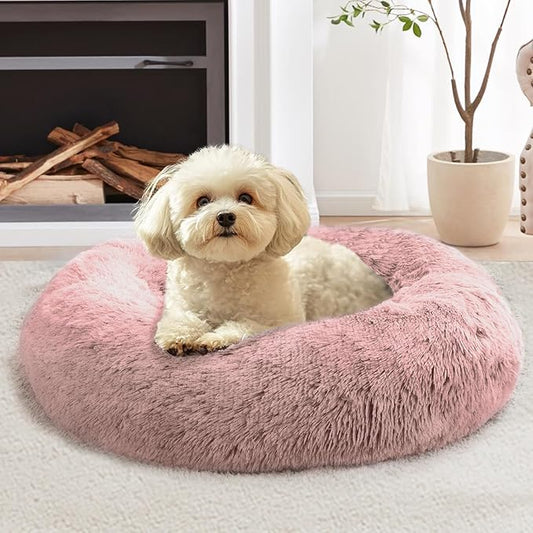 JOLLYVOGUE Calming Dog Bed Medium Size Dog, Anti-Anxiety Donut Medium Pet Bed, 27 inches Fluffy Faux Fur Round Cat Bed (Dark Pink)