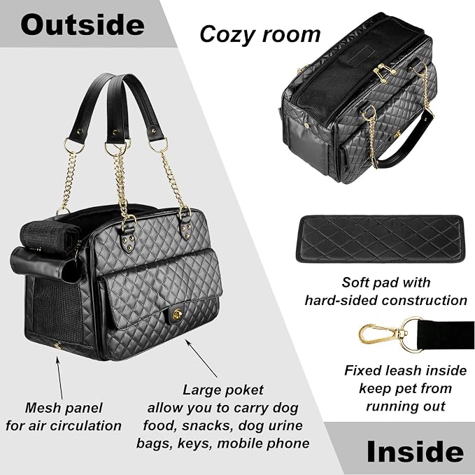 Fashion Dog Purse Carrier for Small Dogs with Large Pockets, Holds Up to 8lbs Quality PU Leather Pet Carrier, Cat Carrier, Airline Approved Puppy Purse Carrier for Travel (Black, Small Size)