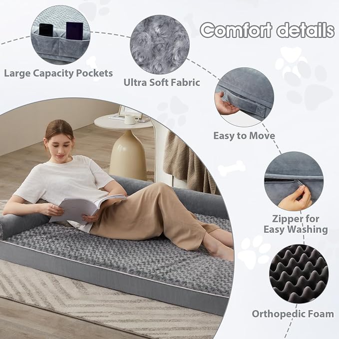 BFPETHOME Orthopedic Washable Human Dog Bed for Adult & Dog Cozy Sleep | Human Size Waterproof Big Soft Pet Couch Bed for Adult & Dogs Relax with Removable Cover Supportive Foam Grey 71x46 Inch
