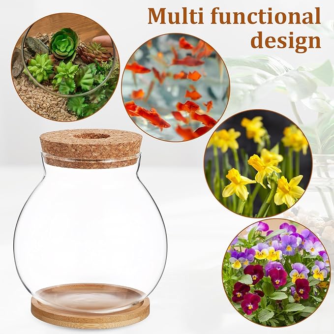 Milisten Desktop Fish Tank Small Glass Fish Bowl with Bamboo Cushion and Wood Lid Hydroponic Plant Terrarium Betta Aquarium for Home Office Decoration