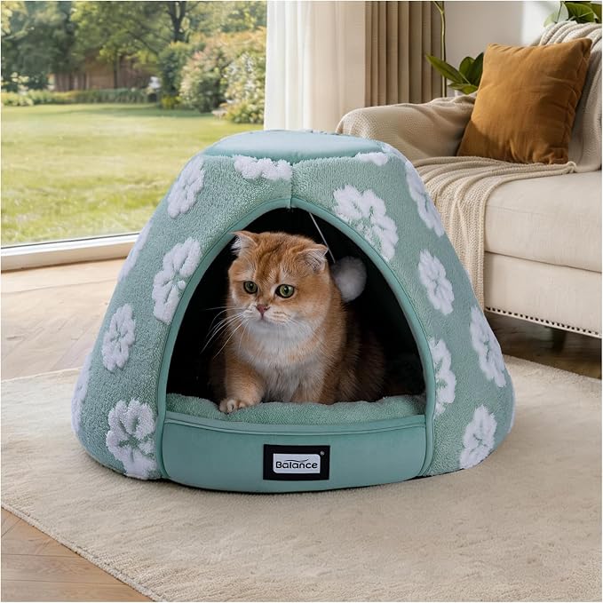 BALANCE Cat Beds for Indoor Cats, 2-in-1 Cat Bed Cave with Anti-Slip Bottom and Ultra-Soft Plush, Cozy Cats House Tent for Kittens and Small Dogs, 21 Inches, Green