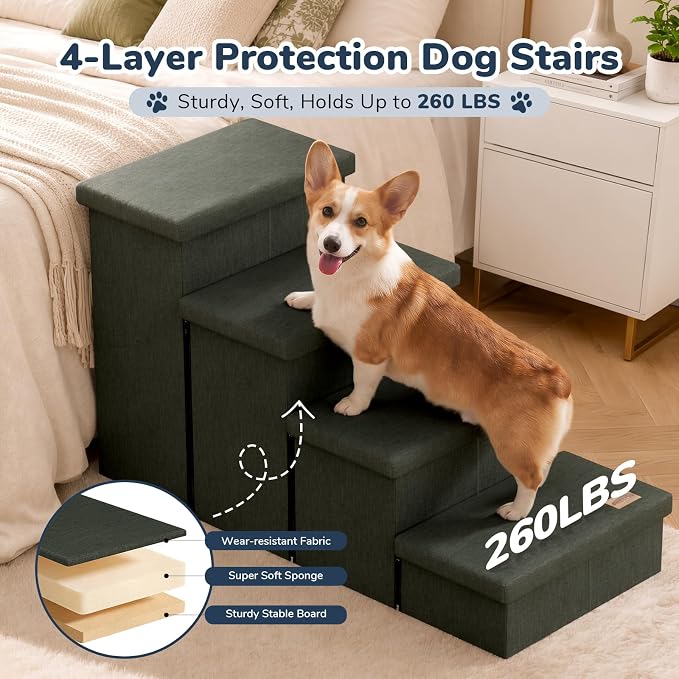 4-Step Wide Dog Stairs with Storage 23" H, Non-Slip Sturdy Pet Steps for High Bed Couch Window, Pet Stairs for Small/Medium/Large Old Dogs Cats Up to 220lbs, Cat Dog Steps for Car, Grey Green