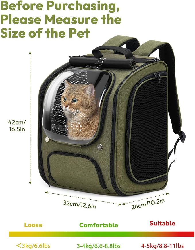 Pecute Cat Backpack Carrier,Large Space Cat Bubble Backpack,Ergonomic,Green | Sunshade Curtain,Transparent Window,Safety Rope,Sturdy,Large Mesh on Both Sides for Breathability,Suitable for Outdoor,Vet