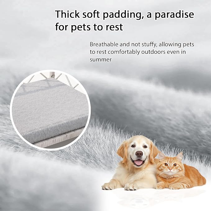 Elevated Indoor & Outdoor Dog Bed for Small Dogs, Durable Rattan Wicker Pet Sofa with Removable Washable Waterproof Cushion, Stylish Dog Couch, White Rattan/Grey Mat
