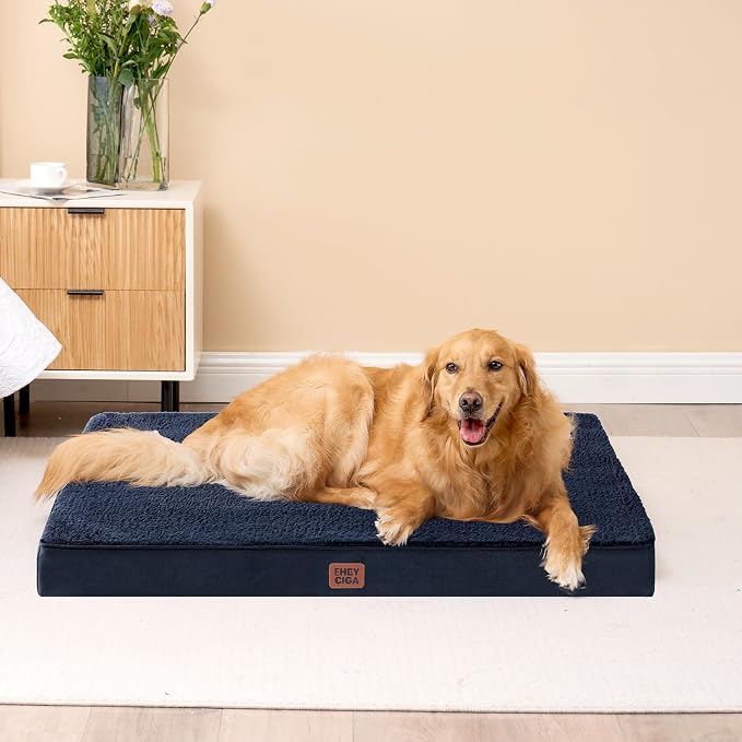 EHEYCIGA Orthopedic Dog Bed Large with Removable Washable Cover, 50IN Navy | Egg Crate Foam Support, Durable Oxford fabric, Non-Slip Bottom, Machine Washable, Soft Waterproof Plush Pet Bed Mat For Crate