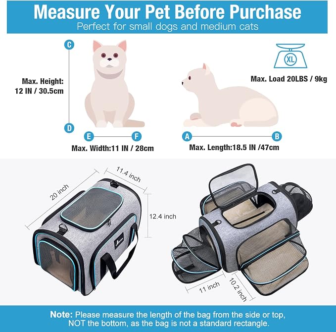Pet Carrier Airline Approved, 4 Sides Expandable Cat Carrier Bag with Removable Fleece Pad, Large Soft Sided Pet Travel Carrier, Dog Carrier for Cats, Puppy and Small Dogs