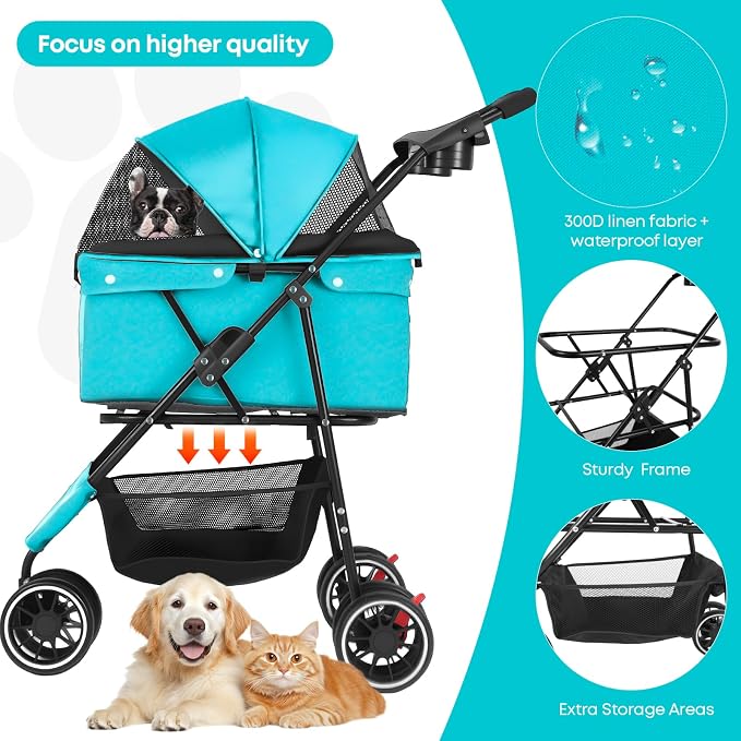 Pet Stroller,Dog Stroller for Small Medium Dogs Cats,3 Wheels,Mint Green | Foldable,with Breathable Mesh Canopy,Cup Holders,Easy Assembly