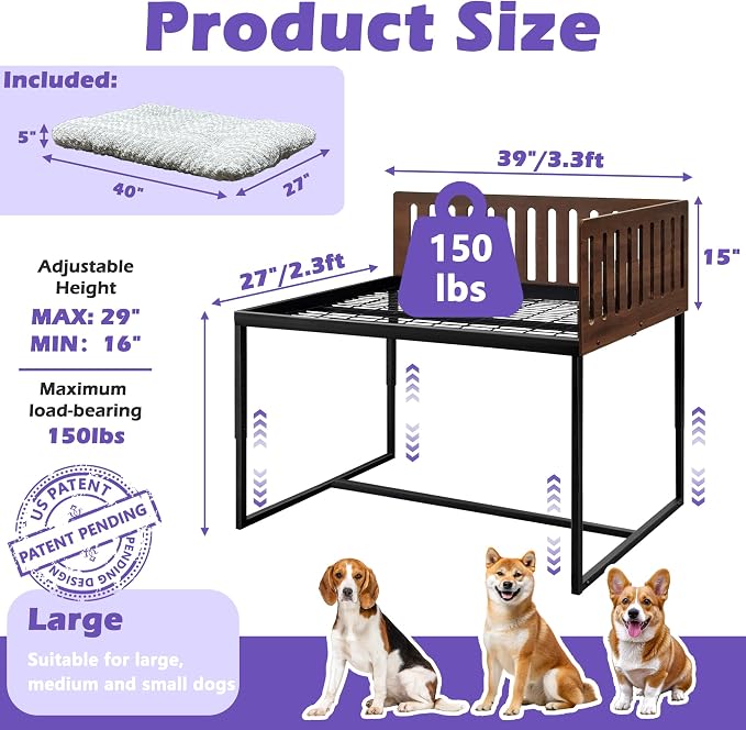 Beside Dog Bed,2 Wood Side Panel Adjustable Height Dog Bunk Beds,39''x27'' Metal Dogs Bed Frame with Cushion,Large