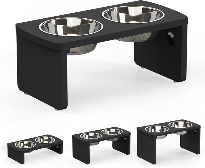 Elevated Dog Bowls, Waterproof Raised Dog Bowl for Medium Dogs, HIPS Poly Lumber Stand with 2 Stainless Steel Bowls, Indoor & Outdoor Use (7'' Tall-40 oz Bowl, Black)