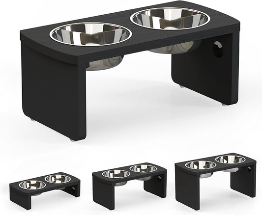 Elevated Dog Bowls, Waterproof Raised Dog Bowl for Medium Dogs, HIPS Poly Lumber Stand with 2 Stainless Steel Bowls, Indoor & Outdoor Use (7'' Tall-40 oz Bowl, Black)