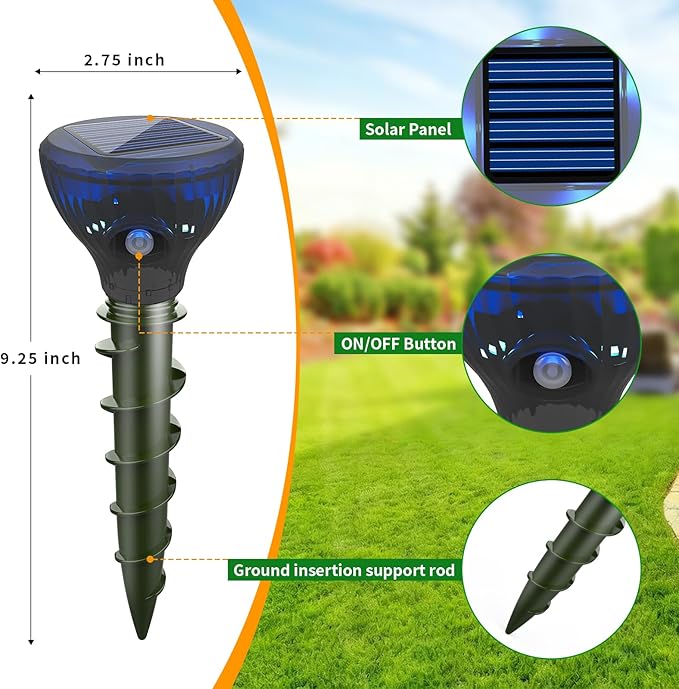 2026 Upgraded Solar Mole & Gopher Repellent 4 Pack, IP65 Waterproof Ultrasonic Vibration Stakes, Snake Skunk Vole Groundhog Deterrent to Protect Yard, Lawn & Garden