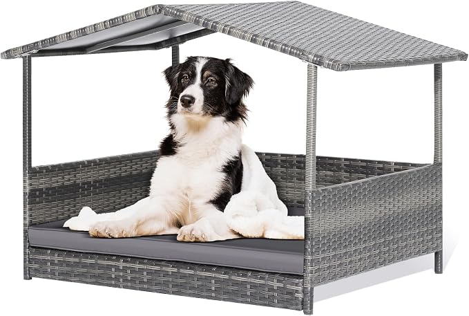 Outdoor Wicker Dog Bed with Canopy, Indoor HDPE Rattan Dog House, Raised Dog Cot Pet House, Elevated Pets Sofa w/Washable Cover, Waterproof Roof Shelter, Removable Cushion Lounge