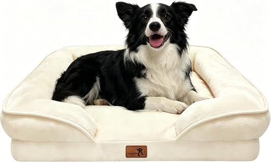 Spotted Play Orthopedic Dog Bed with Sides - Sofa Beds for Large Dogs, Supportive Foam Pet Couch Bed with Washable Removable Cover, Waterproof Lining and Non-Slip Bottom, Ivory - L
