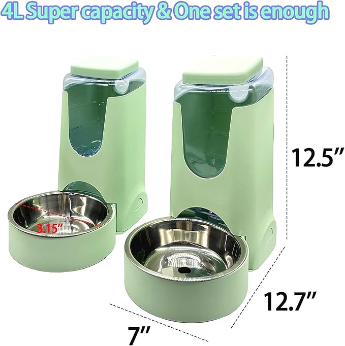 Distributeur automatique de nourriture et d'eau pour animaux de compagnie, capacité 2,8 L (nourriture) et 4 L (eau), avec bol en acier inoxydable pour chiens et chats de petite, moyenne et grande taille (vert clair)