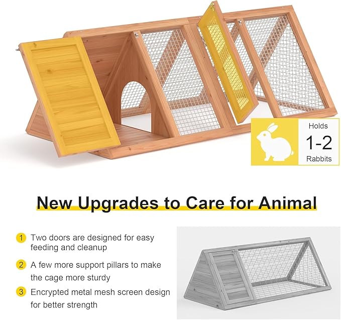 Rabbit Hutch Outdoor Chicken Coop Run A-Frame Bunny Cage Wooden Quail Cage w/ 2 Door & Ventilated Wire Fence Small Animal Cage for Garden Backyard Farms 47 x 18 x 19.5 in