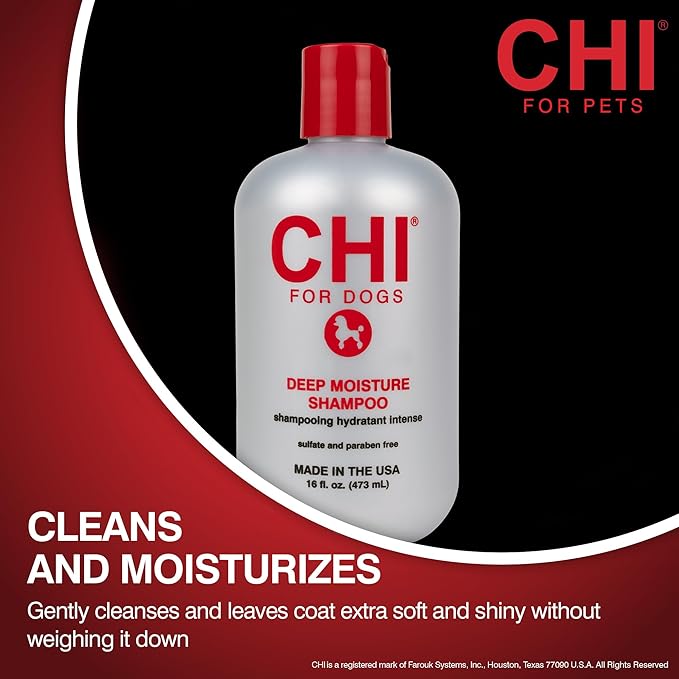 CHI for Dogs Deep Moisture Shampoo, pH Balanced Hydrating Dog Shampoo for Dry Skin, Sulfate and Paraben Free, Ionic Technology for Soft Shiny Coat, Dogs and Puppies 8 Weeks+, Made in the USA, 16 Fl Oz