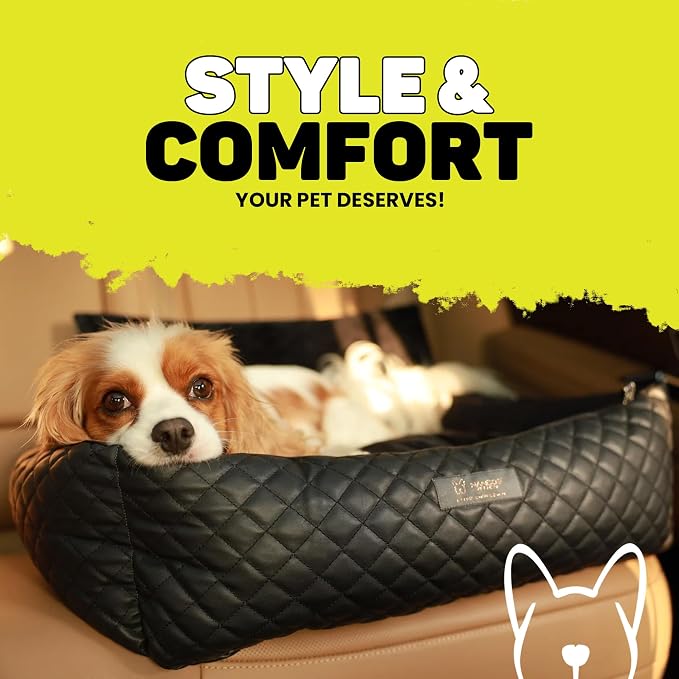NANDOG Luxury Dog Car Seat Bed for Medium Dogs, Vegan Leather Pet Seat with Removable & Washable Cushion Insert, Thick Safety Seatbelt Straps, Secure Travel Carrier, Black, 22" L x 18" W