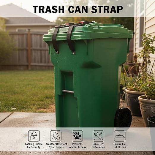 2pcs Trash Can Lock for Animals Bear Raccoon Proof Outdoor Garbage Can Lid Lock Adjustable Animal Proof Locking Strap for 32 to 96 Gallon Trash Bins Easy to Install