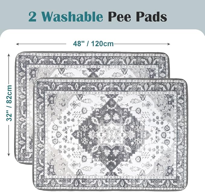 Washable Pee Pads for Dogs, 2 Pack Reusable Puppy Training Pads 48"x32" Super Absorbent Waterproof Dog Training Pads, Non-Slip Potty Pads, Whelping Pads Litter Mat Light Grey Medallion