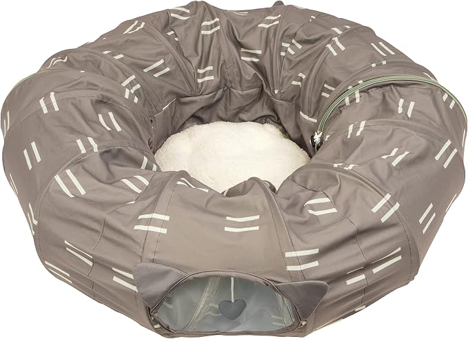 Kitty City Large Cat Tunnel Bed, 2-in-1 Zip-Together Cat Play Tunnel & Plush Nap Bed, Pop-Up Indoor Cat Toy with Hanging Toys, Collapsible Design - Brown