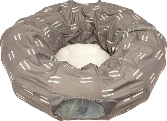 Kitty City Large Cat Tunnel Bed, 2-in-1 Zip-Together Cat Play Tunnel & Plush Nap Bed, Pop-Up Indoor Cat Toy with Hanging Toys, Collapsible Design - Brown