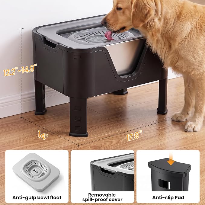 18L (4.7Gal) Extra Large (17.9x14x14.7) Elevated Dog Water Bowl, Height Adjustable Raised Stand for Large & XL Dogs, Stainless Steel No-Spill Bowl with Replaceable Filter for Multi Dog, No Pump