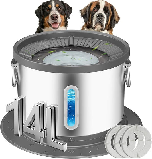 UPSKY 14L No Spill Dog Water Bowl, Spill Proof Slow Drinking for Large Dogs | Extra-large Capacity, 304 Stainless Steel, Dual-suction Anti-slip Base, Floating Disk, Water Window, For Messy Drinkers, Grey