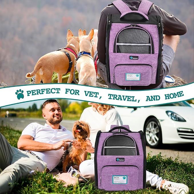 PetAmi Dog Backpack Carrier for Small Medium Dogs Large Cats up to 18 lbs, 2 Side Entry, Structured No-Collapse Frame, Airline Approved Ventilated Pet Backpack for Hiking Camping Travel, Purple
