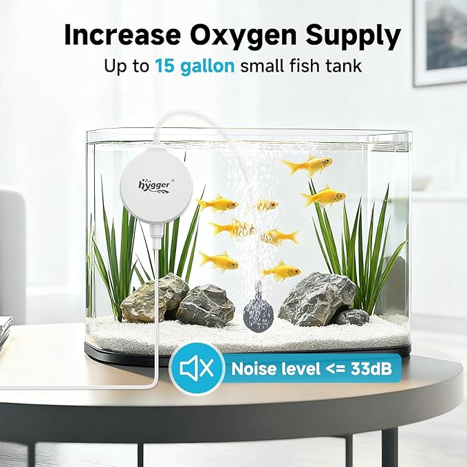 hygger 1.5 Watt Mini Aquarium Air Pump, Quiet Aerator with Air Stone Tubing Suction Cup Clip, Small Fish Tank Bubbler Oxygen Pump for 1 to 15 Gallon Betta Tank, Fish Bowl, Desk Small Tank