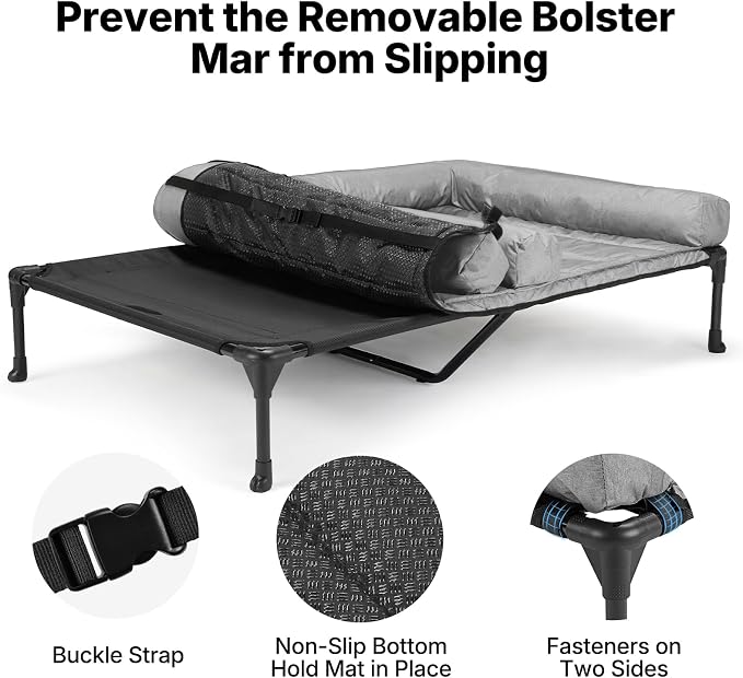 Veehoo Elevated Dog Bed for 2 Dogs, Cooling Raised Dog Bed with Bolster Mat | Outdoor Double Dog Bed with Removable Waterproof Cushion, Breathable Mesh, Non-Slip Feet for Outdoor & Indoor, 49", Grey