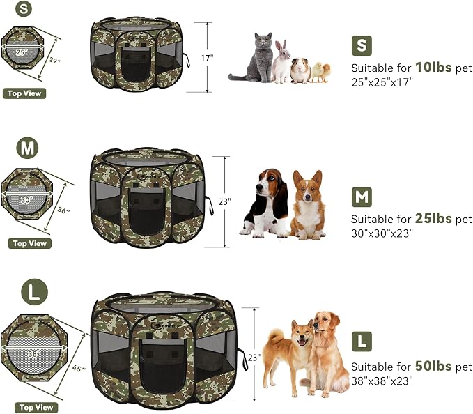 Siedihit Dog Cat Playpen, Medium Puppy Pet Playpen, Dog Crate Tent Cage | Indoor/Outdoor, Portable Pop Up Dogs Kennel Playpen with Carrying Case for Dogs/Cats/Rabbits(Green Camo, Medium)