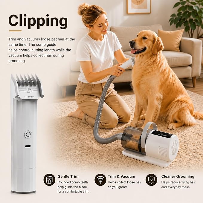 Pet Grooming Kit with Vacuum, 12000Pa Suction, Hair Clipper, 7 Tools | 12000Pa Strong Suction | 7-in-1 Grooming Tools | Hair Clipper & Deshedding Brush | Low Noise 50dB | 1.5L Large Capacity