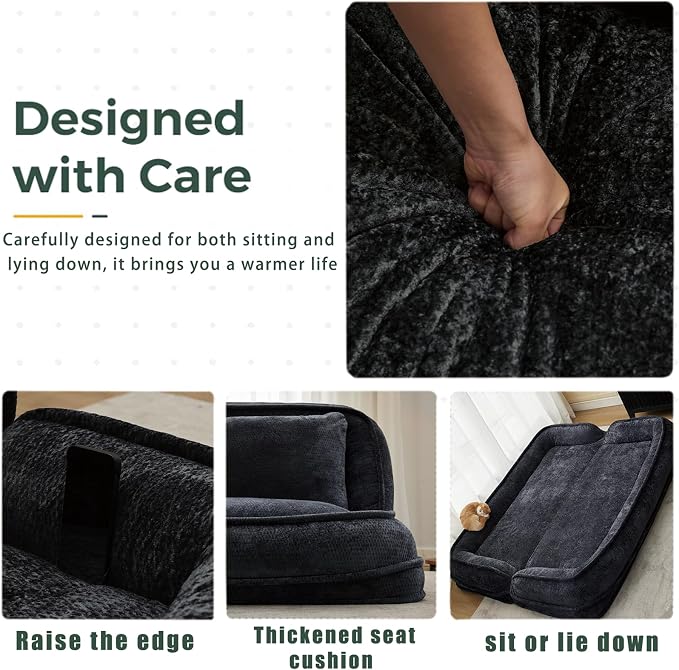 Foldable Lazy Sofa Bed, Double Human Dog Bed for Adults, Black | Skin-friendly Breathable Soft Chenille Upholstered, 5 Adjustable Backrest Positions, 3 Soft Cushions for Living Room
