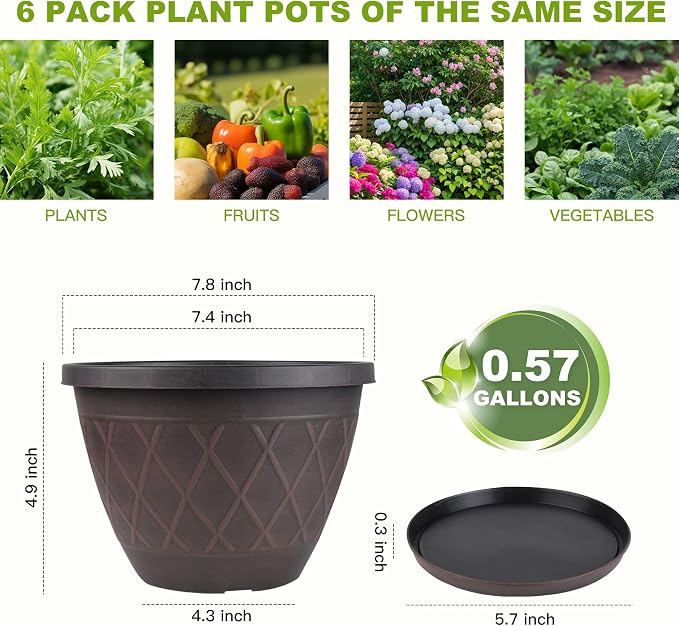6 Pack 8 Inch Plant Pots, Planters with Drainage Holes & Saucers, Modern Imitation Diamond Pattern Design Plastic Flower Pots for Indoor & Outdoor Plants, Succulents, Flowers, and Herbs (Brown)