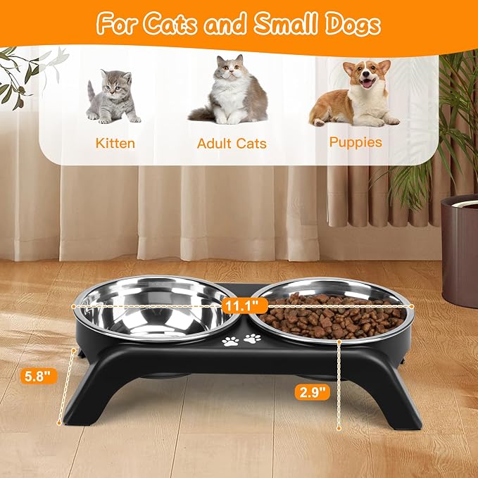 Elevated Dog Bowls for Small Dogs, 3” High Raised Dog Bowl Stand with Dual 5” Stainless Steel Bowls Non-Slip Pet Feeder for Puppy and Cats, Dishwasher Safe, Black