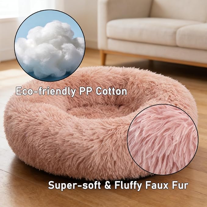 Calming Donut Dog Bed Medium Size Dog - Washable Removable Cover Non-Slip Bottom, Round Pet Bed Cat Bed Warming Fluffy Plush Faux Fur Anti-Anxiety, Fits up to 45 lbs (Blush, 30")
