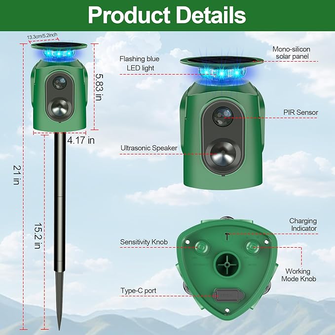 360° Solar Animal Repellent,Ultrasonic Cat Repellent Outdoor,Solar Animal Repeller with Motion Sensor,Waterproof Rabbit Repeller with Flashing Light Defender Dog Squirrel Deer Birds for Yard Orchard