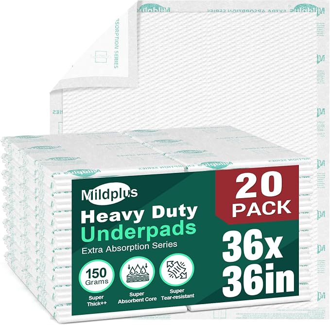 MILDPLUS Heavy Duty Underpads 36"X36", 20 Count, Ultra Absorbent Chucks 150Grams Tear-Resistant Bed Pads Disposable Incontinence Pads for Adults, Kids or Pets (Discreet Packaging)