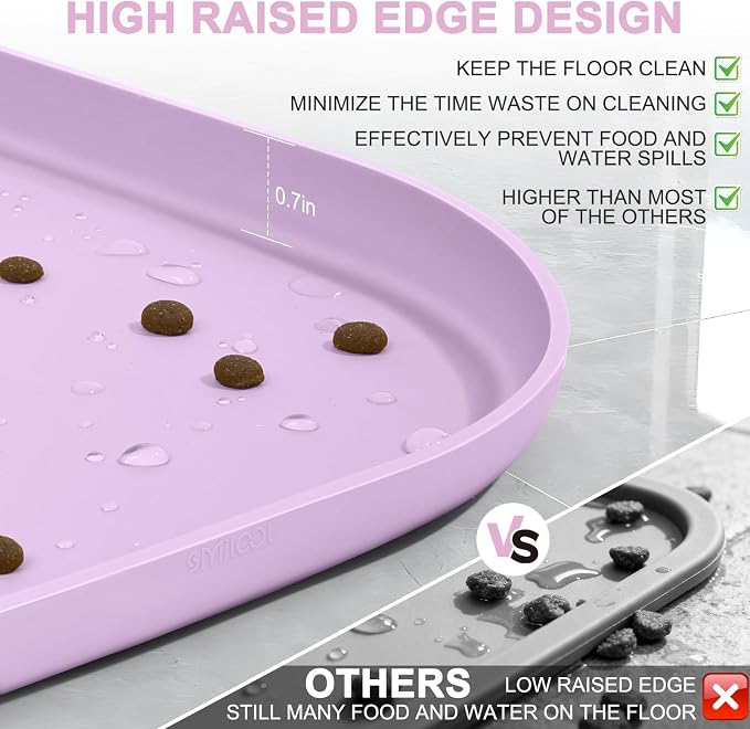 SMILOOL Waterproof Silicone Pet Food Mat with Raised Edge for Dog & Cat | 19" x 12" Non-Slip Pet Feeding Mats with Lip for Food & Water Bowl, Food Grade, Easy Cleaning, Lavender