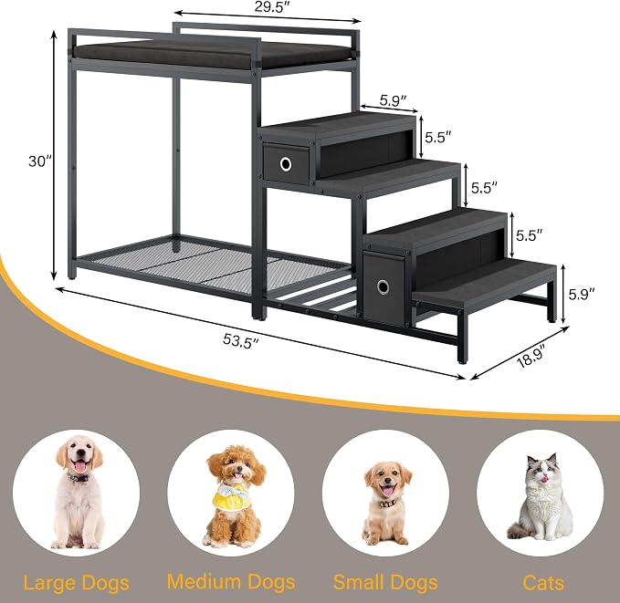 kepptory Pet Bunk Bed with Stairs and Storage, Dog Beds Attachment to Human Bed, Bedside Dogs Cot for Small, Medium Cats & Dogs, Pet Window Perch (Black)