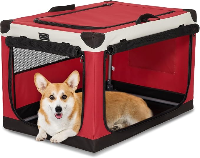 PETSFIT 30" Soft Portable Dog Crate – Patented Spiral Sturdy Frame, Collapsible Travel Kennel for Medium Dogs, 3 Mesh Door, Lockable Zippers, Indoor & Car Use Red