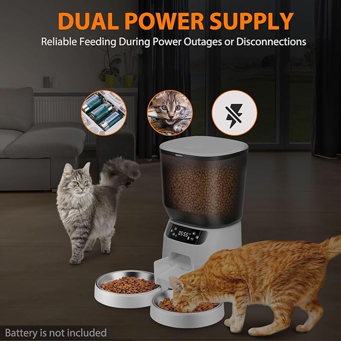 Automatic Cat Feeders for Two Cats, 5L/20 Cups Double Automatic Cat Food Dispenser with 2 Stainless Bowls, Timer Setting 20 Portions 6 Meals Per Day, 10s Meal Call (White)