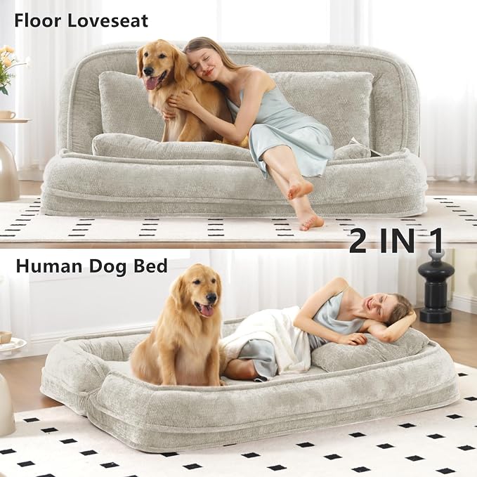 Foldable Lazy Sofa Bed, Double Human Dog Bed for Adults, Beige | Skin-friendly Breathable Soft Chenille Upholstered, 5 Adjustable Backrest Positions, 3 Soft Cushions for Living Room