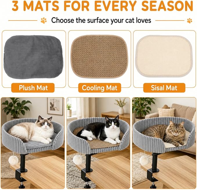 Cat Desk Bed with 3 Mats for All Seasons, 360° Rotating Adjustable | Clamp-On Desk Cat Bed with Reversible Plush Cushion, Sisal Scratch Mat, Cooling Mat & Hanging Ball, Supports 50 lbs, Grey