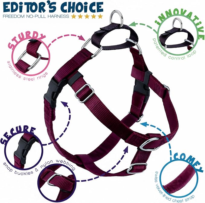 2 Hounds Design Freedom No Pull Dog Harness, 5/8 inch SM, Burgundy | Discourages Pulling, Comfortable Control Adjustable Dog Harness for Small Sized Dogs, Made in USA (Leash Not Included)