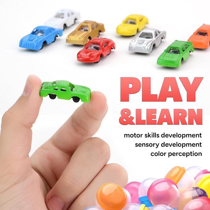 Racing Car Toys in Capsules - 250 Pcs - 1.1 Inch Plastic Capsules with Mini Racing Cars Toys for Kids inside - Bulk Easter Basket Stuffers Classroom Prizes