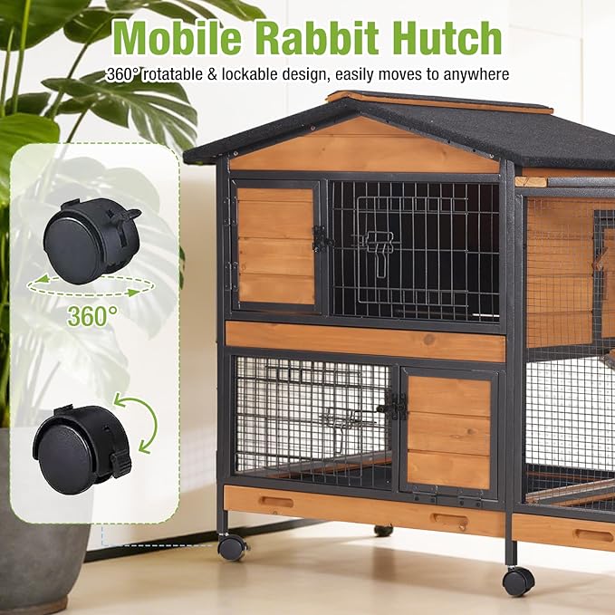Rabbit Hutch 2-Story Wooden Rabbit Cage with Sturdy Metal Frame, Mobile Bunny Hutch with Wheels and 3 Pull Out Trays, Waterproof Guinea Pig Cages for Small Animals Indoor Outdoor (Orange)